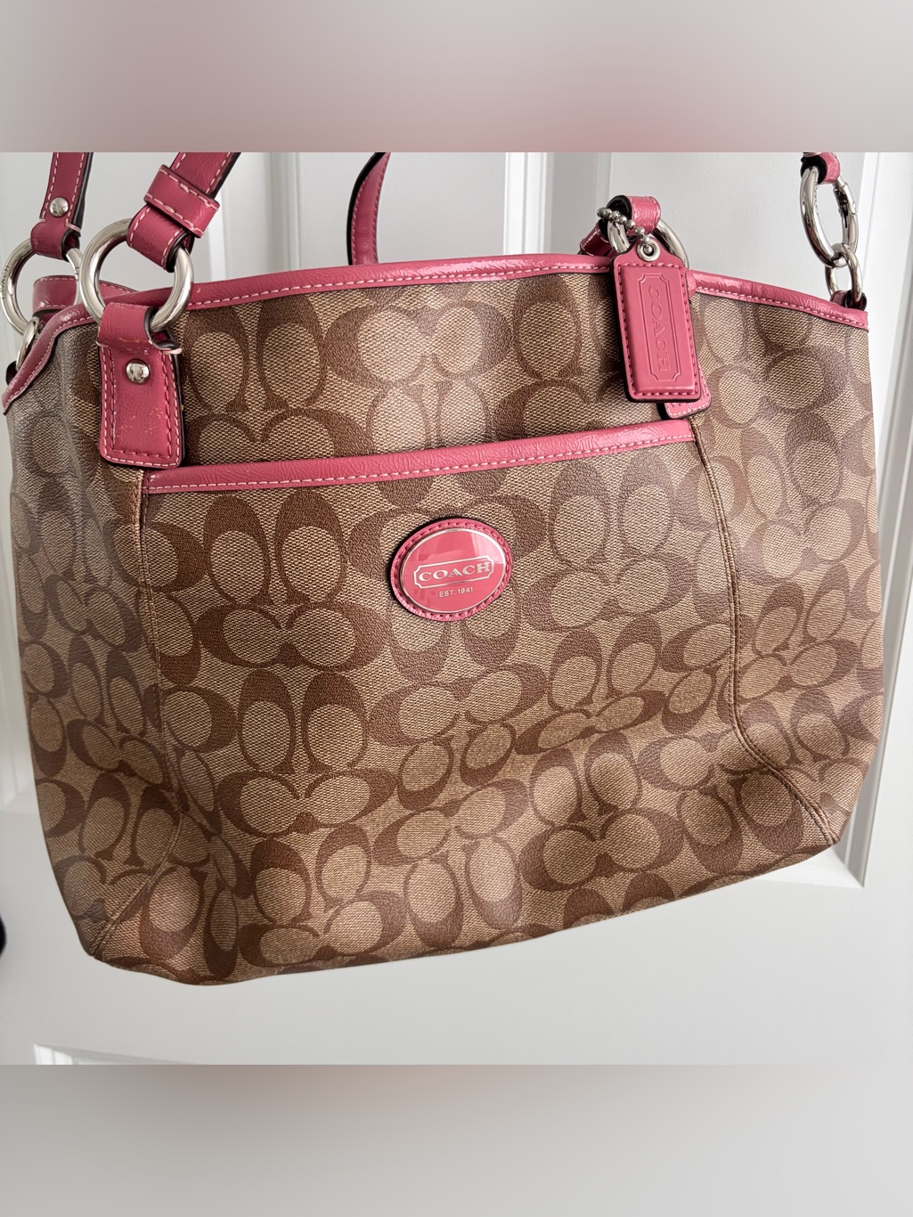 Coach Signature Peyton Tote With Pink Trim Canvas Purse Handbag